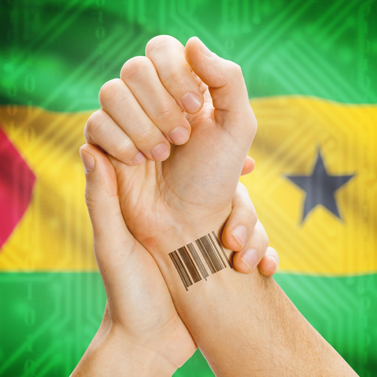 Barcode ID number on wrist of a human and national flag on background series - Sao Tome and Principe